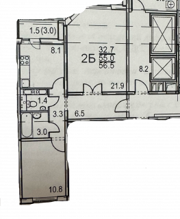 2-к квартира, 56,2 м2, распашонка.